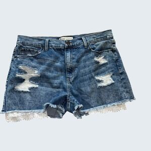 Mudd High-Rise Shortie Distressed Denim Shorts Medium Wash Lace Trim Size 17